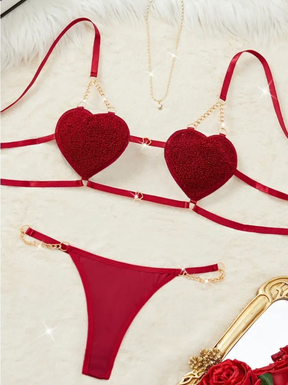 Red Heart Lace Bralette & Matching Thong - Gold Chain Detail